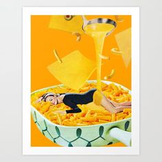 a woman laying on top of a bowl of macaroni and cheese art print