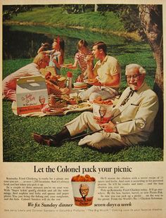 an old advertisement with people sitting on the grass eating food and drinking beer in front of them