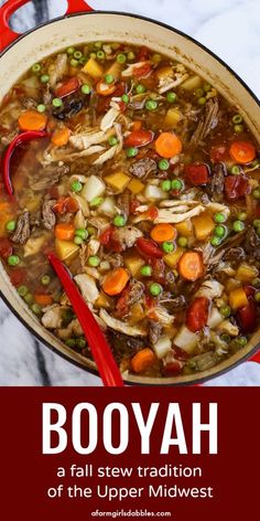 a red pot filled with stew and vegetables on top of a marble counter next to the words booyah