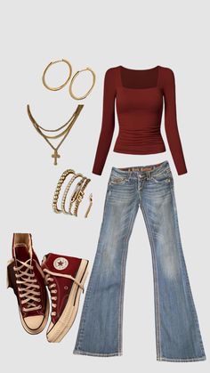 outfit inspo @outfits@outfitinspo@red@flared@jeans@gold@converse Gold Converse, Flare Jeans Outfit, Jeans Outfit, Flared Jeans, Flare Jeans, Converse, Energy, Outfit Inspo, Red