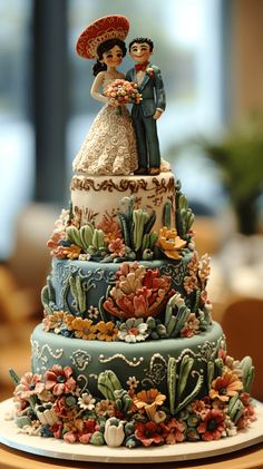 a wedding cake with a bride and groom figurine on top