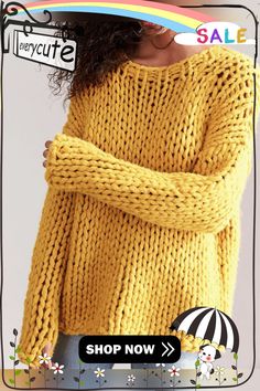 Casual Solid Knitted Round Neck Sweater Yellow Knit Top For Winter, Winter Yellow Knit Top, Casual Oversized Knitted Tops, Oversized Casual Knit Tops, Fall Knitted Tops With Crew Neck, Fall Chunky Knit Crew Neck Knitting Pattern, Oversized Knitted Crew Neck Top, Casual Chunky Knit Crew Neck Pattern, Oversized Knitted Yellow Top