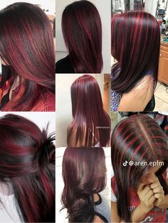 Dark Red Skunk Hair, Dark Brown Hair With Red Streaks, Striped Highlights Hair Dark Brown, Dark Red Streaks In Black Hair, Cherry Red Streaks On Black Hair, Dark Red Stripes Hair, Brown Hair With Dark Red Highlights, Long Black Hair With Red Streaks, Black Hair With Red Streaks