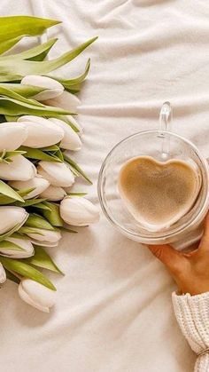 a person holding a cup of coffee on top of a bed with white tulips