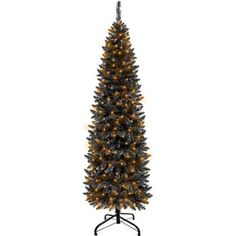 a christmas tree with lights on it and a black stand in front of a white background