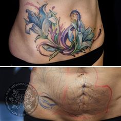 the before and after pictures of a woman's stomach with tattoos on her side