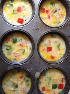 six muffin tins filled with different types of food