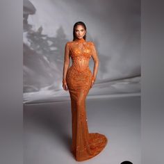 This Was Made For Me, I’m A Size 4. The Custom Dress Is A Stunning Piece Of Artistry, Meticulously Crafted With The Finest Materials And Attention To Detail. The Bodice Is Adorned With Intricate Beading And Embroidery, Creating A Shimmering Effect That Catches The Light With Every Movement. I Got Nonstop Compliments When I Wore It And It Could Be Yours!! Orange Floor-length Gown For Gala, Luxury Cocktail Gown With Sheer Bodice, Elegant Fitted Orange Gown, Fitted Orange Evening Dress For Gala, Elegant Orange Gown For Formal Occasions, Elegant Orange Formal Gown, Fitted Orange Evening Dress For Formal Events, Orange Fitted Evening Dress For Formal Events, Formal Fitted Orange Evening Dress