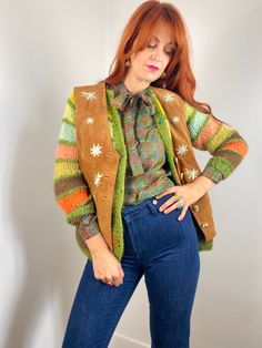 "Vintage 90s/Y2K does 70s tan/came lsuede vest / waistcoat with daisty embroidery. Made by Dagmar Ertinger of Germany. Shown here on a size FR 36/UK 8/US 2/S model with a 172cm / 5'8\" height with no adjustments. It's a bit big on model and would best fit a M (or oversized/layered XS/S) depending on your desired fit, but please verify all measurements to be sure. Marked size 38 (German) Armpit to Armpit: 48.5cm - 19in Waist: 47cm - 18.5in Overall Length: 56cm - 22in Condition: Very good -  no fl Vintage Brown Cardigan For Spring, Retro Embroidered Fall Outerwear, Vintage Brown Embroidered Outerwear, Retro Embroidered Cardigan For Winter, Retro Embroidered Winter Cardigan, Winter Retro Embroidered Cardigan, Vintage Embroidered Cardigan For Fall, Vintage Green Vest For Fall, Green Vintage Vest For Fall