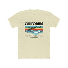 Introducing the ultimate t-shirt for surfers and beach lovers! Show off your love for the ocean with this stylish and comfortable tee featuring a sleek surfing logo of the perfect wave at California's Golden Coast. Made from high-quality, breathable fabric, this shirt is perfect for a day out on the water or just hanging out on the beach. Whether you're catching waves or soaking up the sun, this shirt is sure to be a hit with any surfer or beach enthusiast. So why wait? Grab yours today and show off your passion for the ocean in style! .: 100% combed, ring-spun cotton (fiber content may vary for different colors) .: Light fabric (4.3 oz/yd² (146 g/m .: Premium fit .: Tear-away label .: Runs bigger than usual Retro Surfing T-shirt For Beach Season, Surfing Crew Neck T-shirt With Front Print, Surfing T-shirt With Front Print And Short Sleeves, White Graphic Tee For Surfing, White T-shirt With Front Print For Surfing, Graphic Tee T-shirt For Surfing With Relaxed Fit, Relaxed Fit Graphic Tee For Surfing, Graphic Tee With Relaxed Fit For Surfing, Crew Neck T-shirt With Front Print For Surfing