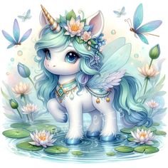 a cute little pony standing in the water with flowers and butterflies around it's neck