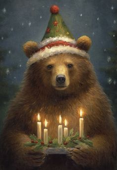 Bear with Christmas Hat Holding Candles Boxed Glitter Cards Pollyanna Gift, Polar Bear Card, Bear Portrait, St Lucy, Saint Lucy, Polar Bear Ornaments, Bear Pillow, Bear Card, Swedish Christmas