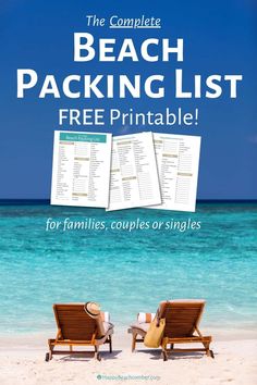 the complete beach packing list for families couples or singles is on display in this poster