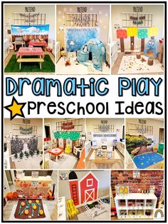 a collage of photos showing different rooms and furniture with text overlay that reads dramatic play preschool ideas