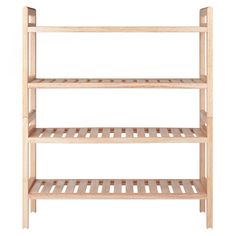 a wooden shelf with three shelves on each side