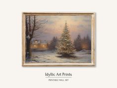 an oil painting of a snowy landscape with a house in the distance and a christmas tree