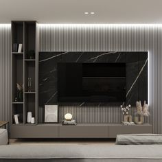 modern living room with black and white marble wallpaper, built in bookcases