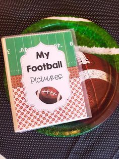 a paper plate with a football book on it