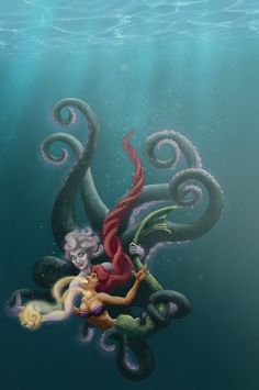 an underwater scene with two mermaids swimming in the water and one holding a baby