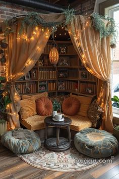 a living room filled with furniture and lots of lights on the walls above it's bookshelf