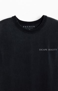 Introducing the PacSun Escape Reality Oversized T-Shirt: Crafted with a crew neckline and short sleeves, this tee boasts an oversized fit for ultimate comfort. Customized with graphics on the left chest and back, it's the perfect piece to add a touch of style to your casual wardrobe.


	Crew neckline
	Short sleeves
	Relaxed fit
	Left chest & back graphics
	100% Cotton
	Machine washable
	Model is wearing size medium
	Model Measurements: 6'1” Height, 31” Waist, 33” Inseam Black Letter Print Muscle Tee For Streetwear, Black Muscle Tee With Letter Print For Streetwear, Crew Neck T-shirt With Letter Print In Washed Black, Crew Neck Washed Black T-shirt With Letter Print, Washed Black Crew Neck T-shirt With Letter Print, Trendy Streetwear Muscle Tee With Crew Neck, Relaxed Fit Graphic Muscle Tee For Streetwear, Trendy Crew Neck Muscle Tee For Streetwear, Trendy Muscle Tee With Crew Neck For Streetwear