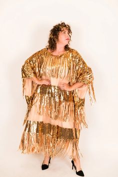 Gold Sequin Fringe Long Caftan - Fringe+Co Festive Sequined Maxi Kaftan, Festive Sequin Maxi Length Kaftan, Festive Maxi-length Sequined Kaftan, Summer Festive Sequined Kaftan, Gold Bohemian Kaftan For Party, Bohemian Sequin Kaftan For Parties, Bohemian Sequin Kaftan For Festivals, Bohemian Festival Kaftan With Sequins, Long Sequined Kaftan For Party