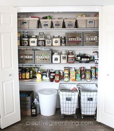 an organized pantry with bins and baskets