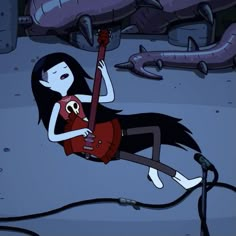 a cartoon character playing a guitar on the ground with other objects in the back ground