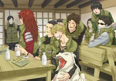 an anime scene with many people sitting at a table and one person standing in front of them