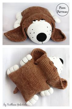 there are two pictures of a stuffed dog