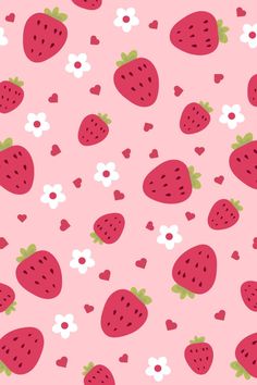 a pink background with strawberries and daisies