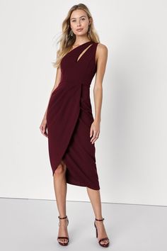 The compliments won't stop rolling in when you're wearing the Lulus So Flirty Burgundy One-Shoulder Cutout Asymmetrical Dress! Stretchy crepe knit shapes this evening-out dress that has a wide cutout strap, one-shoulder neckline, and a princess-seamed bodice. Light gathering accents the waist before flowing into an overlapping midi skirt with an asymmetrical hem. Hidden side zipper/clasp. Fit: This garment fits true to size. Length: Knee to mid-calf length. Size medium measures 47.5" from should Wedding Guest Board, Cocktail Wedding Attire, Asymmetrical Wedding Dress, Autumn Chic, Semi Formal Wedding, Casual Formal Dresses, Fall Wedding Guest Dress, Soft Dramatic, Lulus Dresses