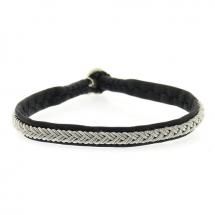 Handmade single wrap Bracelet created in black leather with woven Pewter and horn clasp by Maria Rudman.  8"