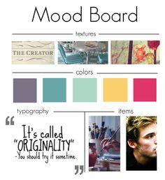 the mood board is filled with different colors and text, including an image of a man's face