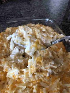 a glass dish filled with macaroni and cheese