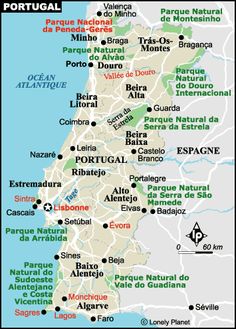 a map of portugal with all the major cities and towns on it's borders