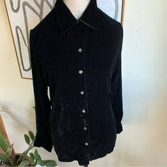 Eddie Bauer Womens Velvet Long Sleeve Button Up Blouse Top L Witchy Goth Silk Rayon Blend Vtg Item New With Tags Classic Shirt With Button Closure For Night Out, Elegant Fitted Blouse With Snap Buttons, Elegant Fall Blouse With Snap Buttons, Formal Button-up Blouse With Snap Buttons, Formal Snap Button Button-up Blouse, Formal Snap Button-up Blouse, Classic Button-up Blouse With Buttons, Long Sleeve Button Shirt For Night Out, Long Sleeve Shirt With Buttons For Night Out