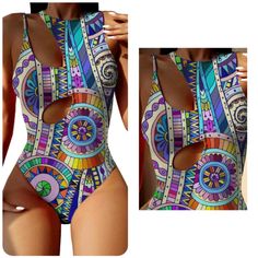 Boho Tribal Print Cut-Out One-Piece Swimsuit Actual Item Has A Slight Variation In Color From The Cover Shot (See Pics) This Swimsuit Uses Classy Soft And Lightweight Fabric, It Allows You To Wear It For A Long Time Without Burden Simple And Elegant, Boho Style And Tribal Print /Tummy Control Design And Built-In Bra This One Piece Is Perfect For Tropical Vacations, Summer, Beach, Pool, And Honeymoon Color Boho All Over Print Purple Bodysuit For Poolside During Beach Season, Multicolor Sleeveless Bodysuit For Festivals, Sleeveless Multicolor Bodysuit For Festivals, Purple One-piece Swimsuit For Summer Poolside, Purple Beachwear Bodysuit For Poolside, Purple One Pieces For Poolside Beachwear, Purple Beachwear One Piece For Poolside, Purple One-piece For Poolside Summer, Purple One Pieces For Poolside And Beach Season