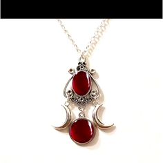 Moon Goddess Pendant Necklace Jewelry Vintage Creative Alloy Pendant. Nickel Free Red Necklace For Festival, Red Spiritual Metal Jewelry, Spiritual Red Metal Necklace, Vintage Moon Shaped Metal Necklace, Moon Goddess Jewelry, Bohemian Red Nickel-free Necklace, Moon-shaped Amulet Necklaces For Gifts, Pagan Jewelry Moon Goddess, Spiritual Moon-shaped Collectible Jewelry