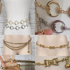 "Chain belts! Choose your style in the drop down, sold separately.  All are in good condition with minor imperfections noted below. mix of vintage and new handmade gold and silver refer to color not metal composition.  1 dull gold tone with slight tarnish tone throughout, good condition   waist 28-38\" max SOLD 2. 90s Gold tone triple drape chain front, good condition minor tarnish,  waists 14-39'' 3. Large Gold tone chain, double ring links with smaller chain for adjustment,  good condition, wa Trendy Metal Jewelry For Cosplay, Trendy Gold Waist Chain For Festivals, Gold Metal Jewelry For Cosplay, Moon Chain Belt, Gold Metal Waist Chain For Festival, Gothic Metal Chain Belt For Festivals, Gold Metal Double Chain Belt, Vintage Gold Chain Belt For Festivals, Bohemian Gold Chain Belt