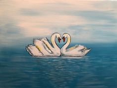 a painting of two swans in the water making a heart shape with their beaks