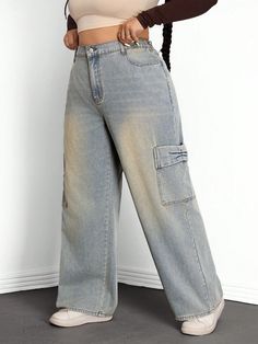 Plus Size Casual Street Style Patchwork Pockets Wide Leg Jeans Light Wash    Denim Plain,All Over Print Straight Leg Non-Stretch  Women Plus Clothing, size features are:Bust: ,Length: ,Sleeve Length: Cheap Wide-leg Relaxed Fit Cargo Jeans, Baggy Full-length Cotton Cargo Jeans, Non-stretch Patchwork Wide Leg Jeans, Urban Blue Full-length Cargo Jeans, Cheap Wide Leg Pull-on Jeans, Streetwear Mode, Light Wash Denim, Plus Size Jeans, Casual Street Style