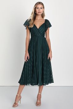 Standout Sophistication Emerald Lurex Flutter Sleeve Midi Dress Summer Party Dress With Flutter Sleeves, Elegant Pleated Midi Dress For Wedding Guest, Green Midi Dress With Pleated Bodice For Evening, Chic Wedding Guest Midi Dress With Pleated Bodice, Pleated A-line Midi Dress For Wedding Guest, Chic Midi Dress For Wedding Guest With Pleated Bodice, Elegant Pleated Dress For Wedding Guest, Chic Flutter Sleeve Maxi Dress For Evening, Glamorous Flowy Evening Dress