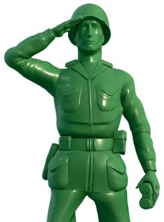 a green plastic soldier saluting with his hand on his head and one eye closed