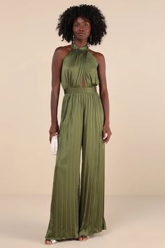 Olive Green Jumpsuit - Satin Pleated Jumpsuit - Halter Jumpsuit - Lulus Pleated Fitted Jumpsuits And Rompers For Party, Elegant Sleeveless Pleated Jumpsuits And Rompers, Elegant Sleeveless Pleated Jumpsuit And Romper, Chic Pleated Jumpsuits And Rompers For Evening, Elegant Pleated Jumpsuits And Rompers For Summer, Chic Pleated Evening Jumpsuits And Rompers, Elegant Fitted Pleated Jumpsuits And Rompers, Glamorous Satin Jumpsuits And Rompers For Spring, Glamorous Spring Satin Jumpsuit