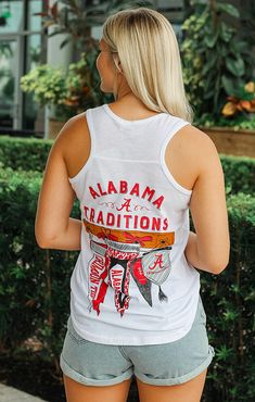 Get ready for Game Days with The Alabama “Traditions” Tank Top! It has a racerback style and is full length with a scoop neckline. The material is very lightweight. This tank features the perfect graphic on the back to show off your school spirit. Pair with your favorite shorts and strappy sandals. Details: *OFFICIALLY LICENSED* Alabama Crimson Tide Full Length Racerback Scoop Neckline Lightweight 100% Cotton True to Size Kalyssa is wearing size Small Sarasota Florida, Trendy Clothing, Alabama Crimson, Alabama Crimson Tide, Crimson Tide, Southern Style, Trendy Clothes For Women, School Spirit, Sarasota