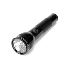 a black flashlight on a white background with the light turned off to show its reflection