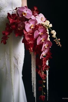 Red Orchid Wedding Bouquet, Interesting Wedding Bouquets, Unusual Bridal Bouquet, Creative Wedding Bouquets, Unusual Wedding Bouquets Creative Unique, Colorful Orchid Bouquet, Dramatic Wedding Bouquet, Orchid Flower Bouquet, Wedding Orchids