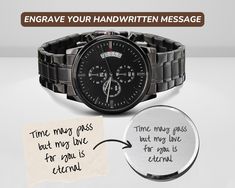 GET 36 % OFF YOUR PURCHASE OF 2 OR MORE ITEMS.  CODE: 2LUMIERE36OFF | 3LUMIERE36OFF |   4LUMIERE38OFF Title: Handwritten Message, Engraved Watch, Engraved Watch for Men, Personalized Gift for Him, Custom watch Engraving Gift for Son Dad Husband Gift A gift that speaks volumes of your affection for your dad, son, husband, boyfriend, or any special man in your life. Celebrate special moments with our timeless and sophisticated Black Chronograph Watch for men, featuring your personal handwritten me Engraved Watches For Men Messages, Engraved Watches For Men, Watch Engraving Ideas, First Anniversary Quotes, Anniversary Presents, Engraved Watch, Digital Wrist Watch, Boyfriend Watch, Bff Birthday Gift