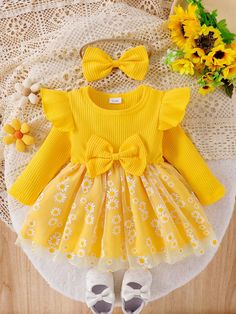 Baby Girl Bowknot Decorated Plaid & Floral Printed Tulle Long Sleeve Dress With Hair Tie Yellow Elegant  Long Sleeve Fabric,Mesh Fabric Floral,Plain,Plants Tee Non-Stretch,Medium Stretch  Baby Girls Clothing, size features are:Bust: ,Length: ,Sleeve Length: Tulle Long Sleeve Dress, Woman Costumes, Crochet Baby Beanie, Childrens Fashion, Hair Tie, Girls Clothing, Floral Printed, Costumes For Women